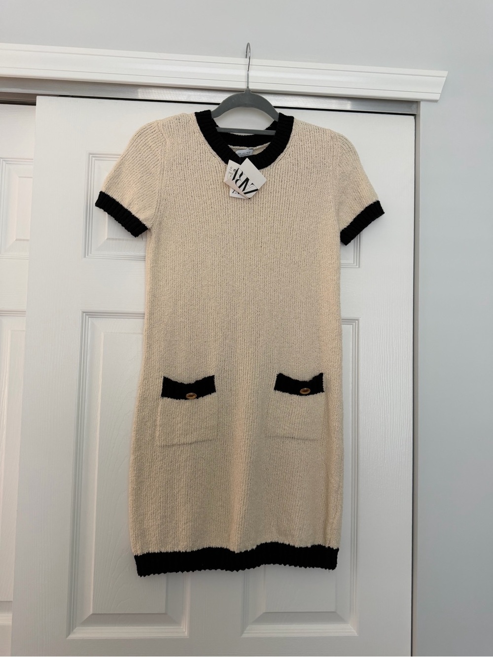 Zara Cream Mini Sweater Dress with Black Trim NWT